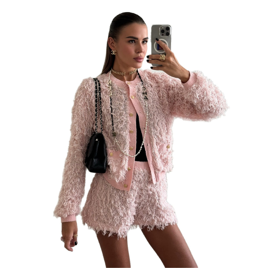 Damen Modisches Strick-Set mit fransigen Details und eleganten Knöpfen Drune