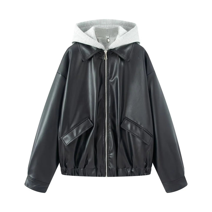 Damen nan oversized Kunstleder‑Bomberjacke mit integrierter Sweat‑Kapuze, durchgehendem Metallreißverschluss und Pattentaschen Drune