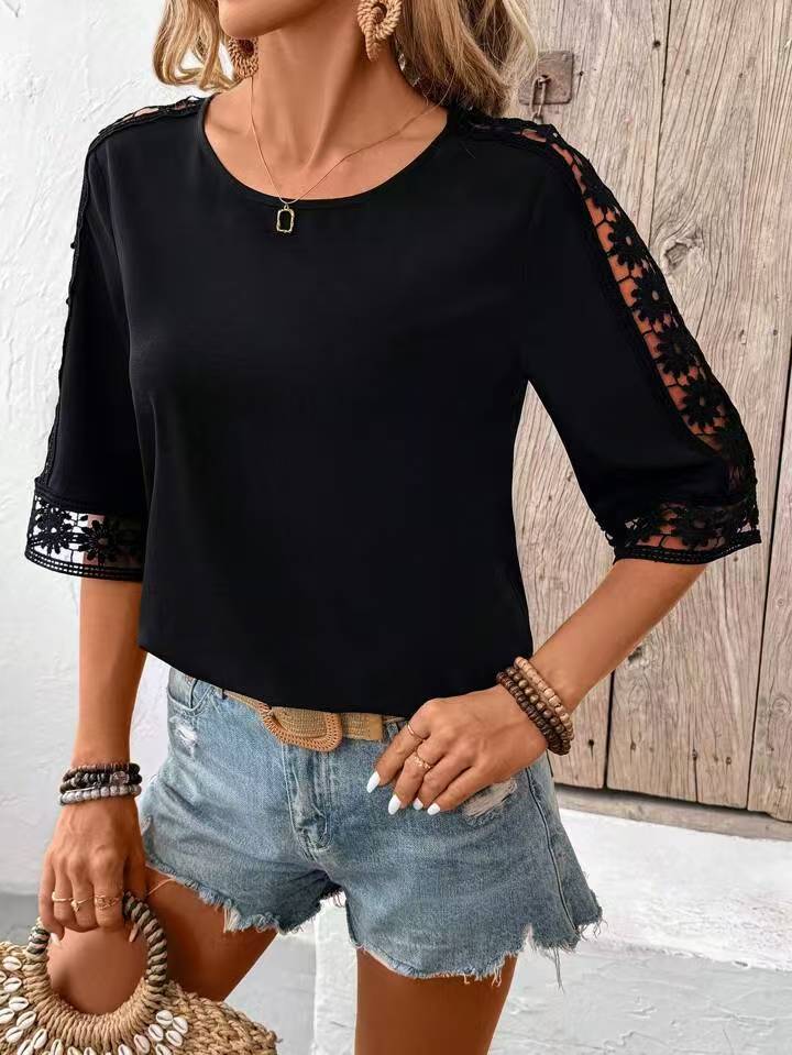 Damen Bluse mit Spitzenärmel Drune