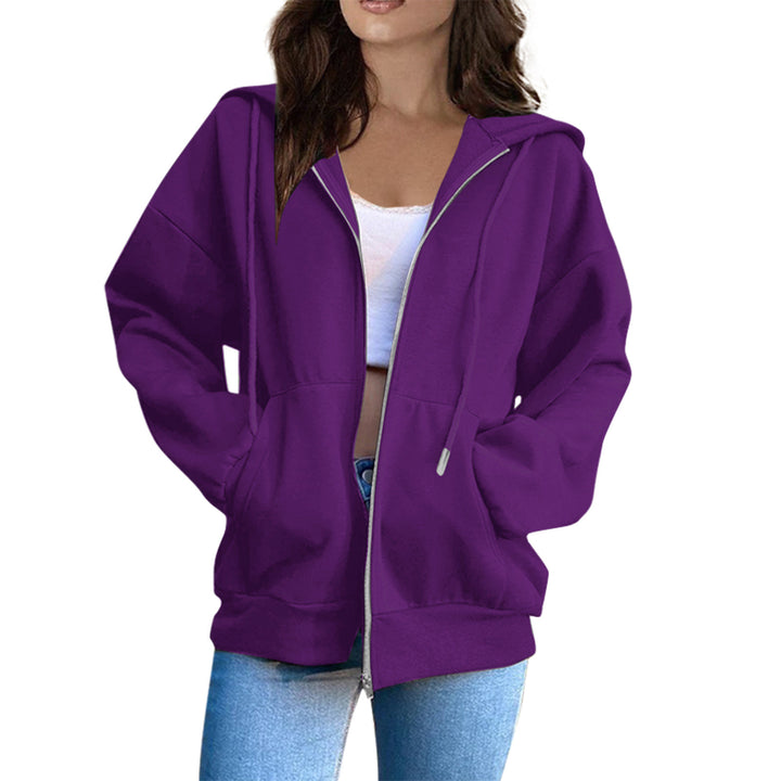 Damen nan lässige Kapuzenjacke mit durchgehendem Reißverschluss, Kängurutaschen und voluminösen Raglanärmeln Drune