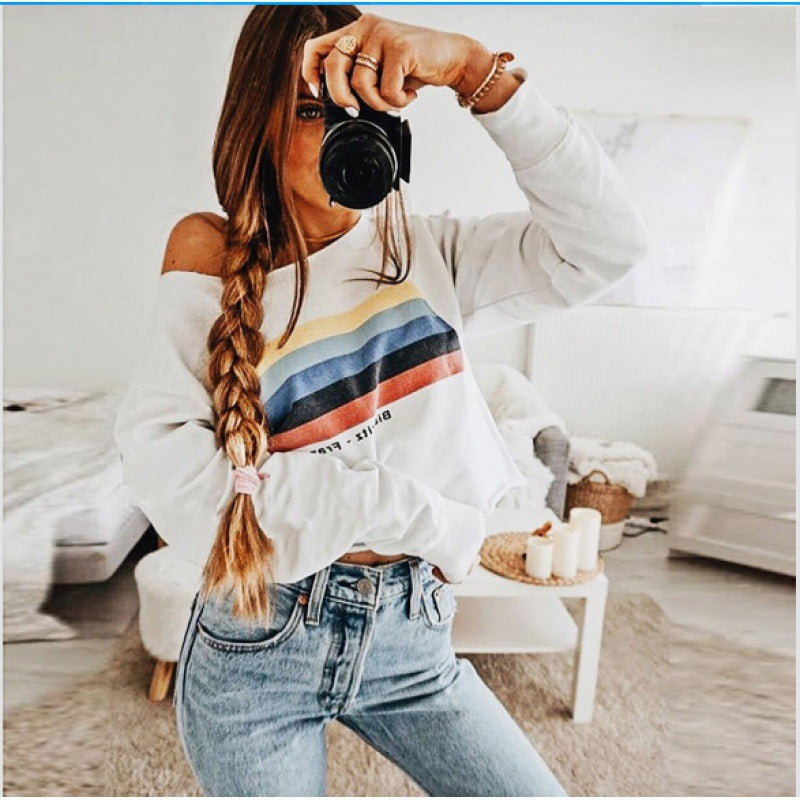 Damen Off-Shoulder Sweatshirt mit Retro-Bandprint und lockerer Cropped-Passform Drune