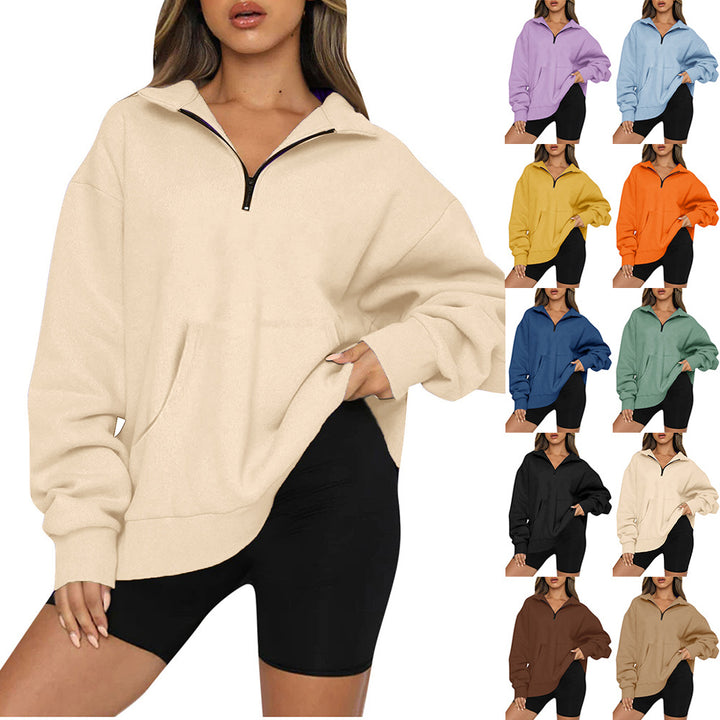 Damen Oversized Sweatshirt mit halbem Reißverschluss und Kapuze Drune