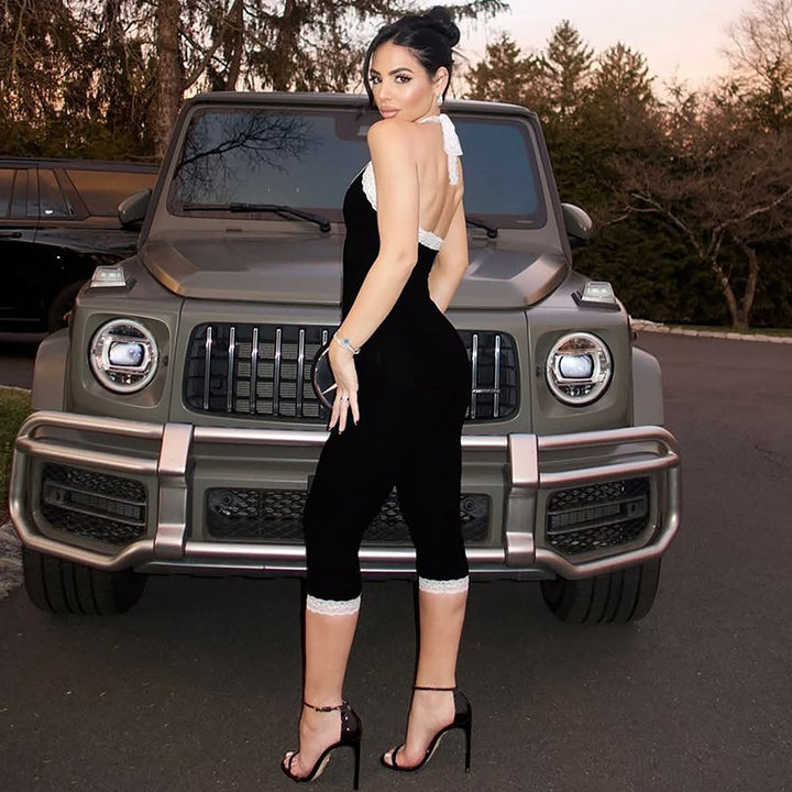 Damen Eleganter Jumpsuit mit Spitzendetails und taillierter Silhouette Drune