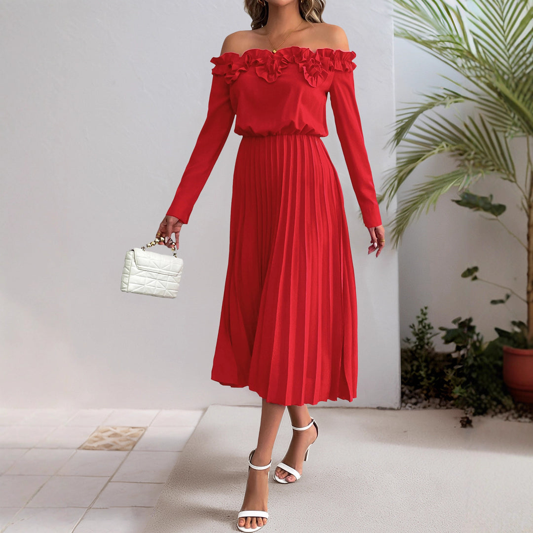 Damen Elegantes Off-Shoulder Plissee Kleid Drune