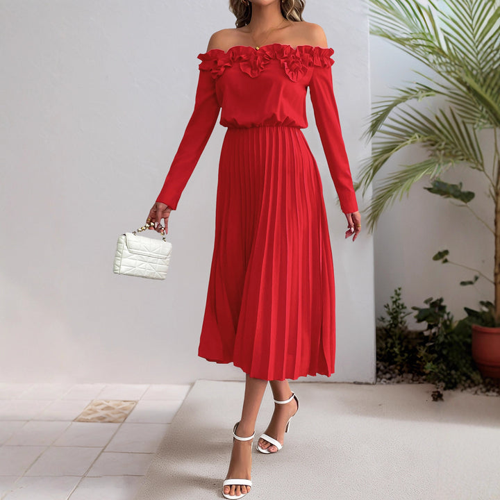 Damen Elegantes Off-Shoulder Plissee Kleid Drune