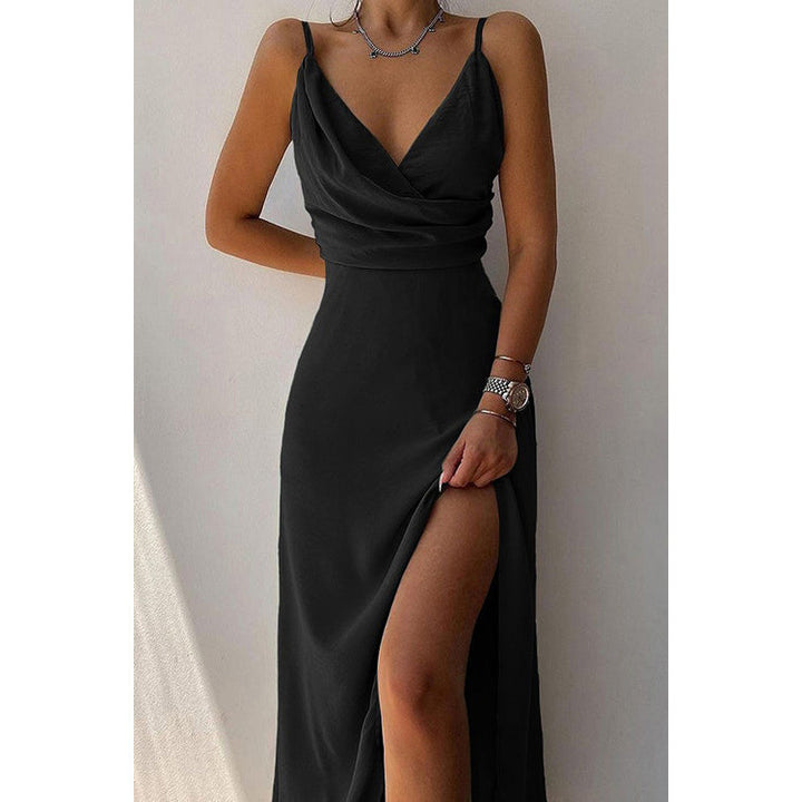 Damen elegantes Maxikleid mit tiefem Wickelausschnitt und seitlichem Schlitz Drune