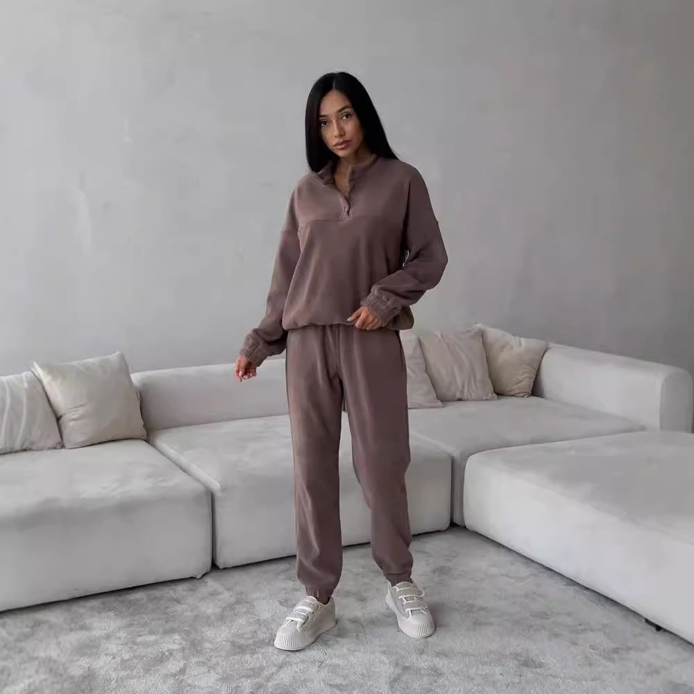 Damen Oversize-Fleece-Set mit Henley-Kragen und weicher Jogginghose Drune
