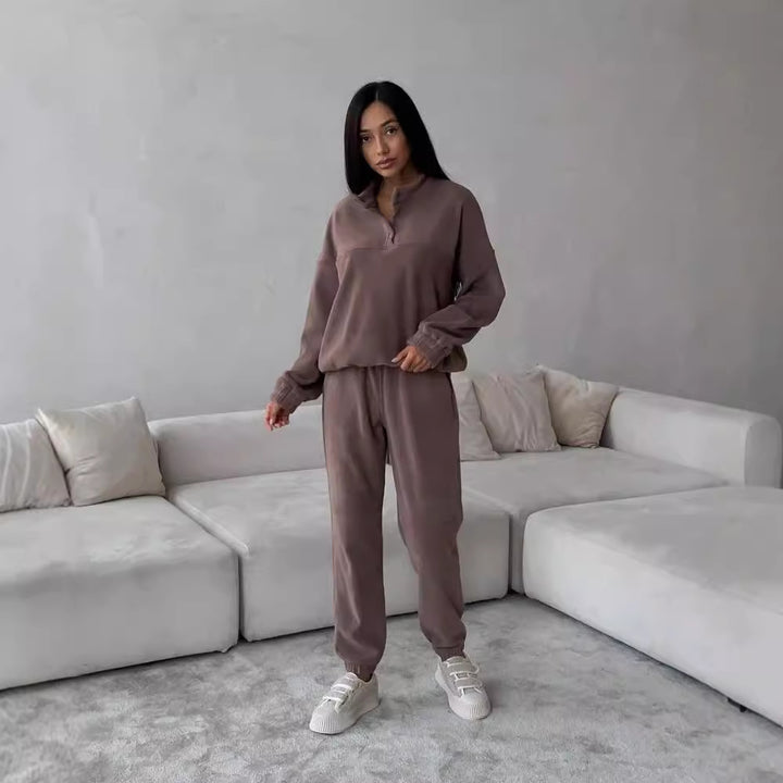 Damen Oversize-Fleece-Set mit Henley-Kragen und weicher Jogginghose Drune