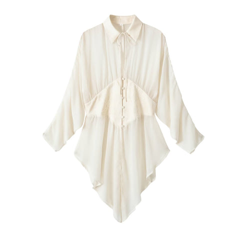 Damen fließende Tunika-Bluse mit geraffter Taille und spitzem Saum Drune