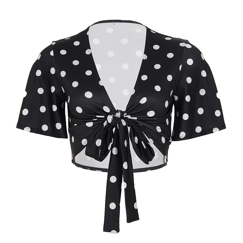 Damen lässige Bluse mit großen Punkten und Bindegürtel Drune