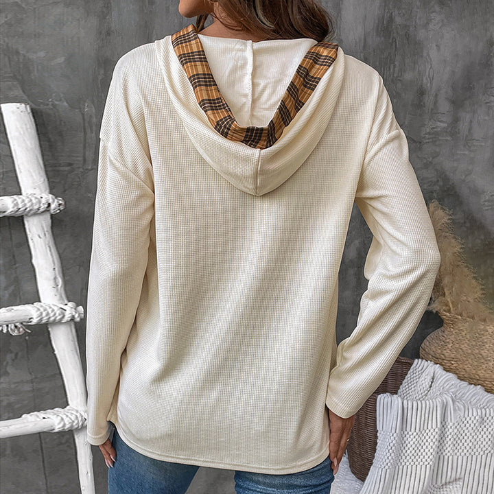 Damen Modisches Langarmshirt mit Kapuze und Karodetails Drune