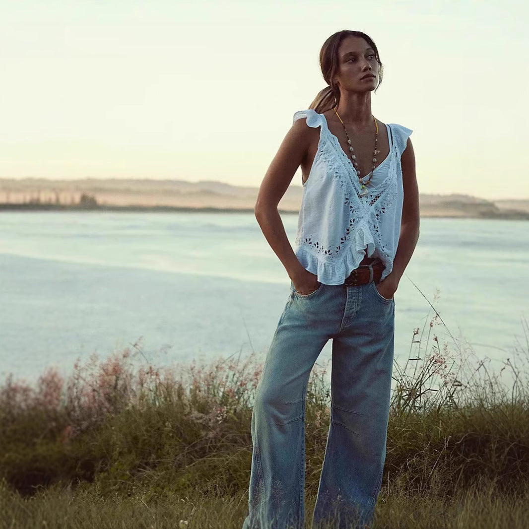 Damen luftiger Leinen-Crop-Top mit Rüschen Drune