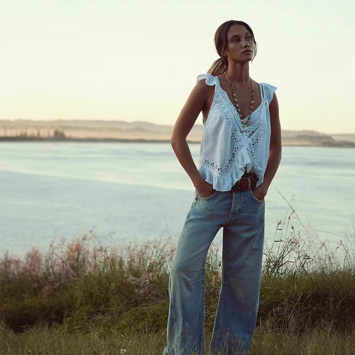 Damen luftiger Leinen-Crop-Top mit Rüschen Drune
