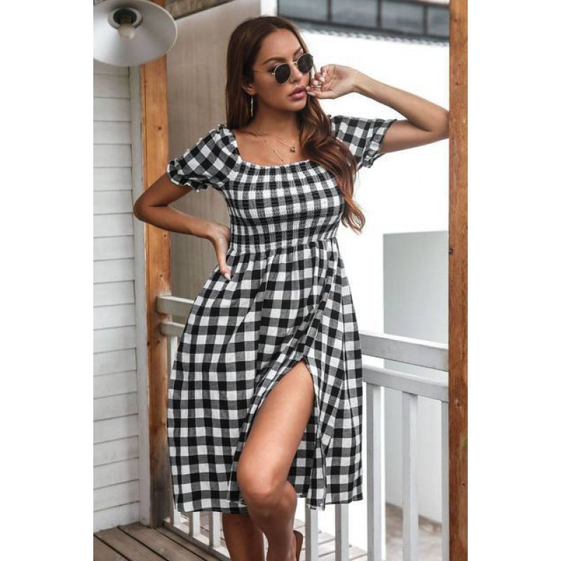 Damen Midikleid mit süßem Karomuster und seitlichem Schlitz Drune
