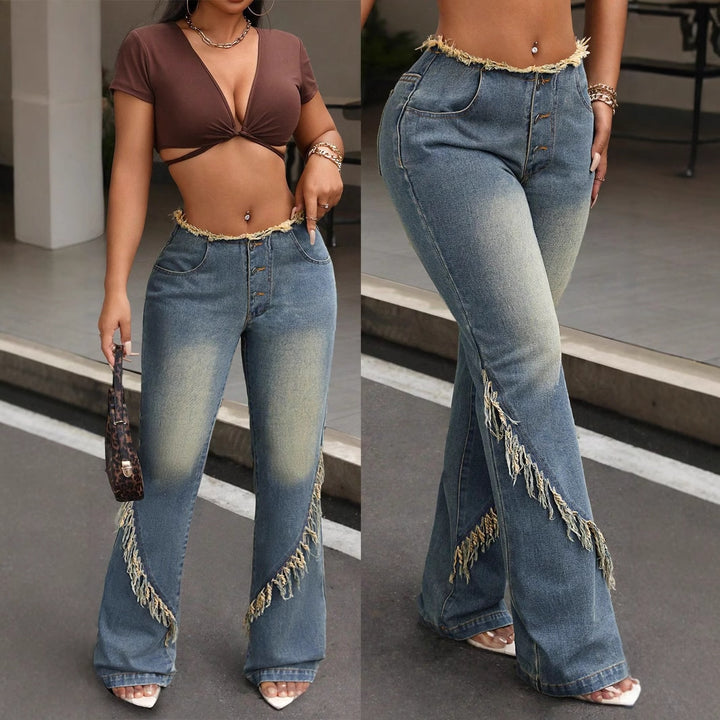 Damen hochtaillierte Schlupfhose mit fransigem Saum und Knopfdetail Drune