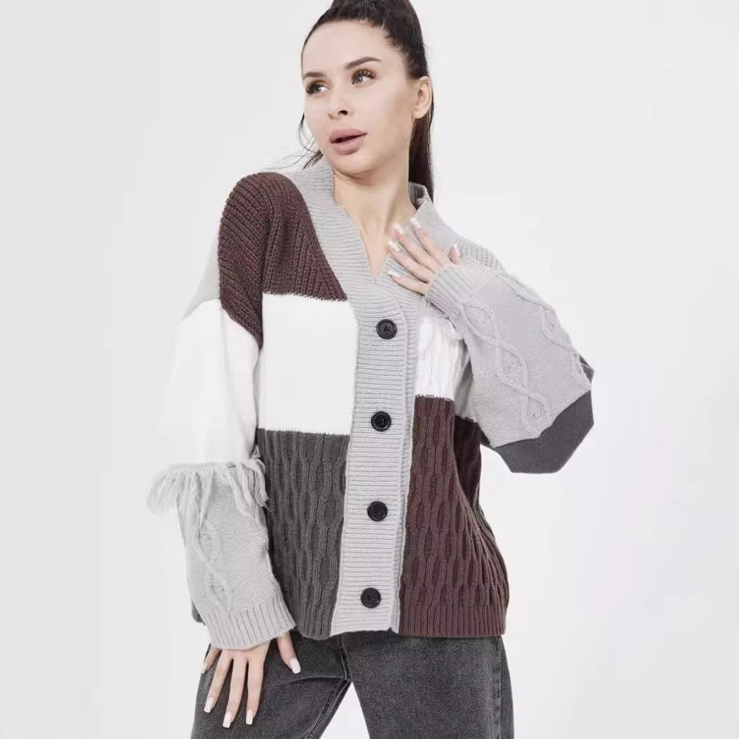 Damen grob gestrickter Cardigan mit modischem Farbblockdesign und Knopfleiste Drune