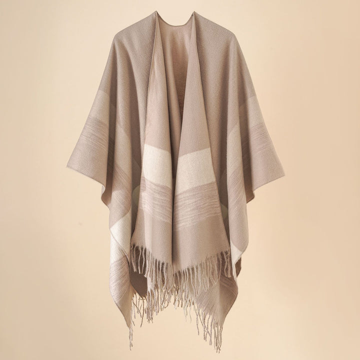 Damen Wollmix-Poncho mit Karomuster und Fransen Drune