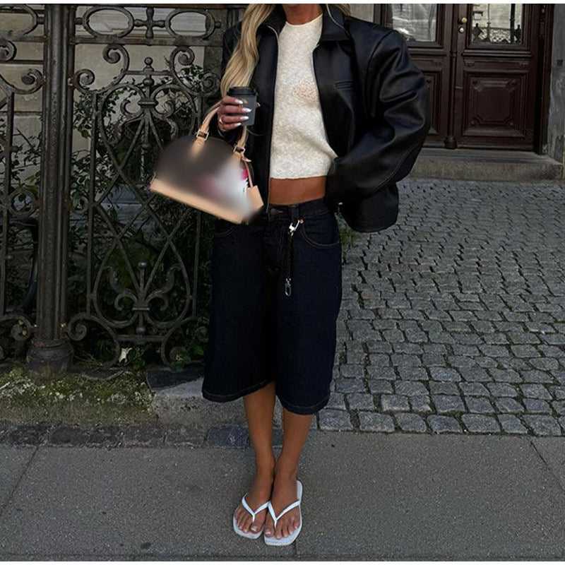 Damen Modische Kunstlederjacke mit elastischem Schnitt und praktischen Taschen Drune