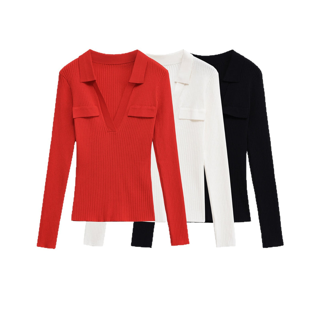Damen Langarmshirt mit V-Ausschnitt und dekorativen Taschen Drune