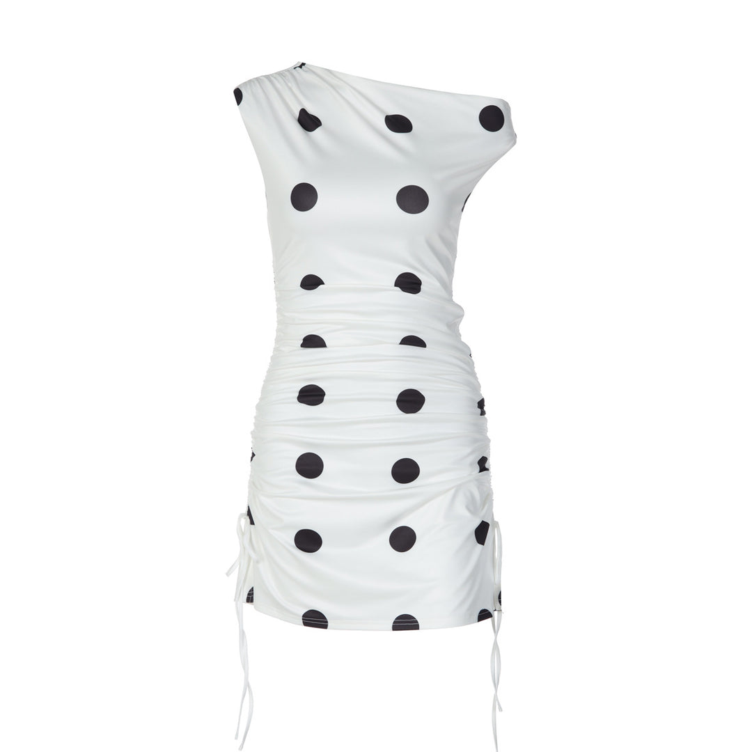 Damen verspieltes Wickelkleid mit asymmetrischem Träger und Punkten Drune