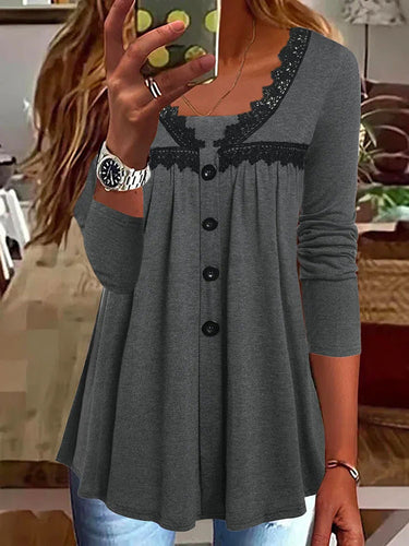 Damen A-Linien Tunika-Shirt mit Knopfleiste, Spitzen‑YokDruneesatz und geraffter Empire‑Naht Drune
