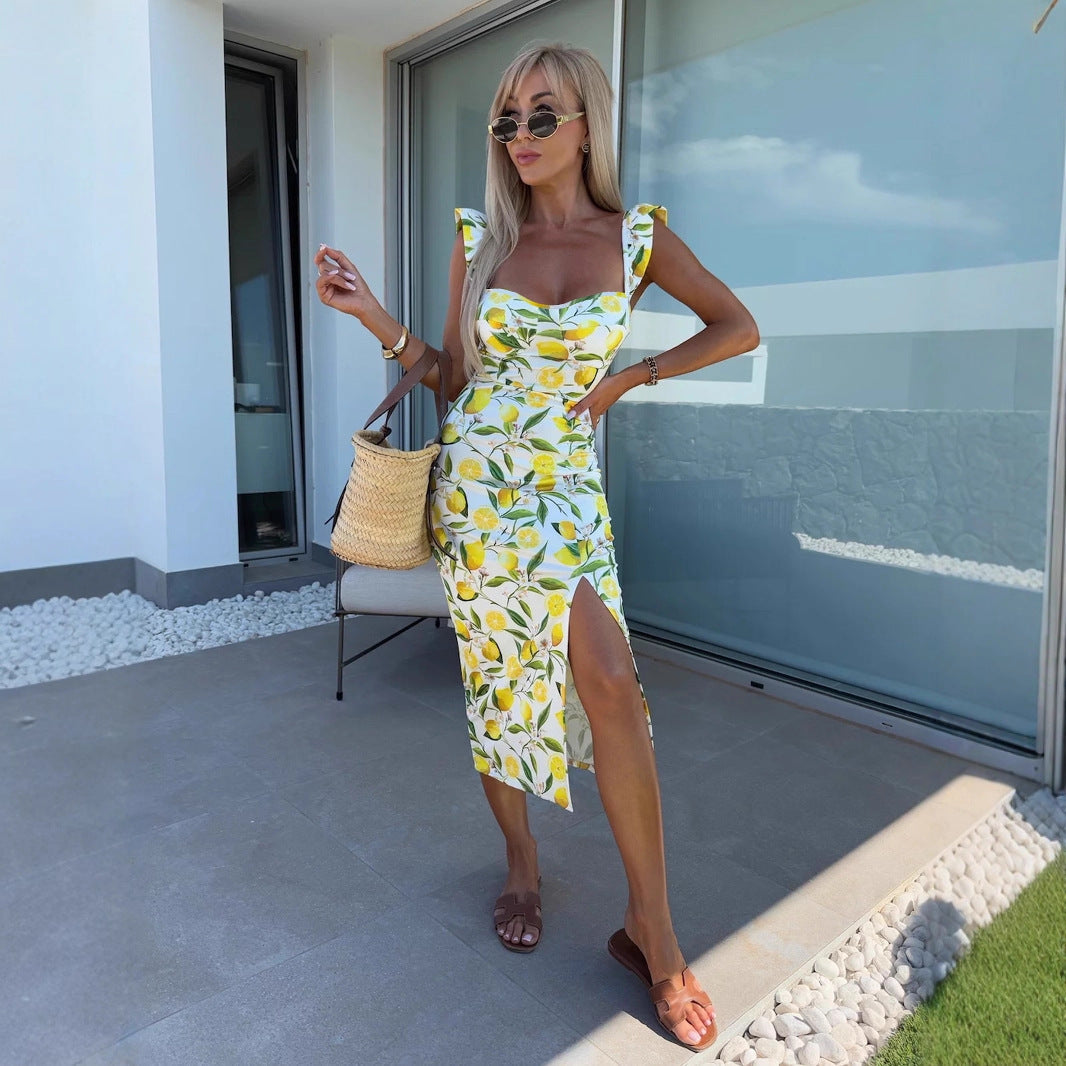 Damen Floral Maxikleid mit Rüschendetails und seitlichem Schlitz Drune