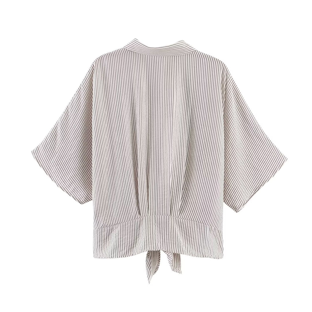 Damen Gestreifte Oversize-Bluse mit Kimonoärmeln und Knotenfront Drune