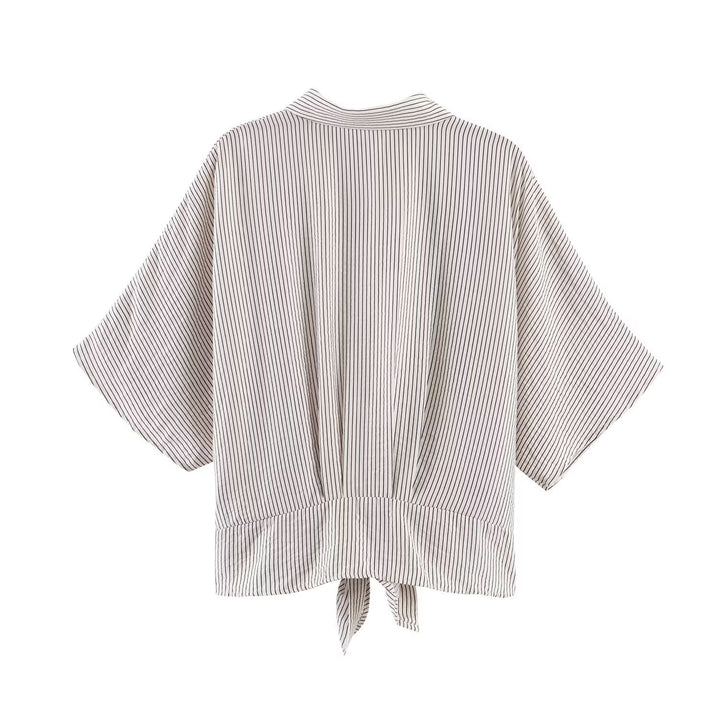 Damen Gestreifte Oversize-Bluse mit Kimonoärmeln und Knotenfront Drune