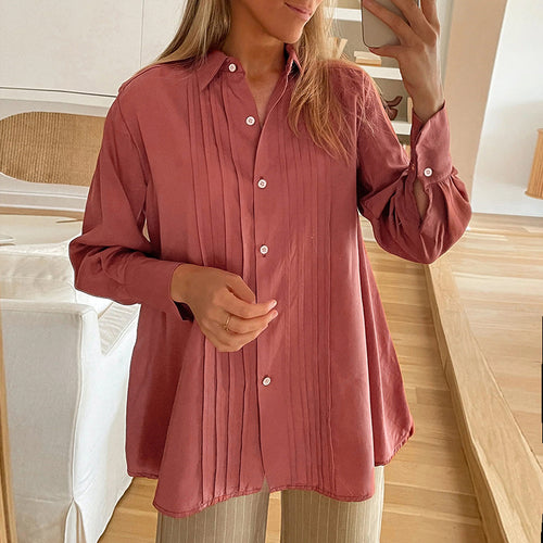 Damen Plissierte Tunika-Bluse mit Hemdkragen und lockerer A-Linien-Silhouette Drune