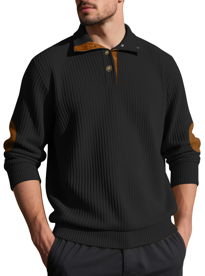 Herren nan Rippstrick-Halbknopf-Pullover mit Kentkragen und Lederbesatz Drune