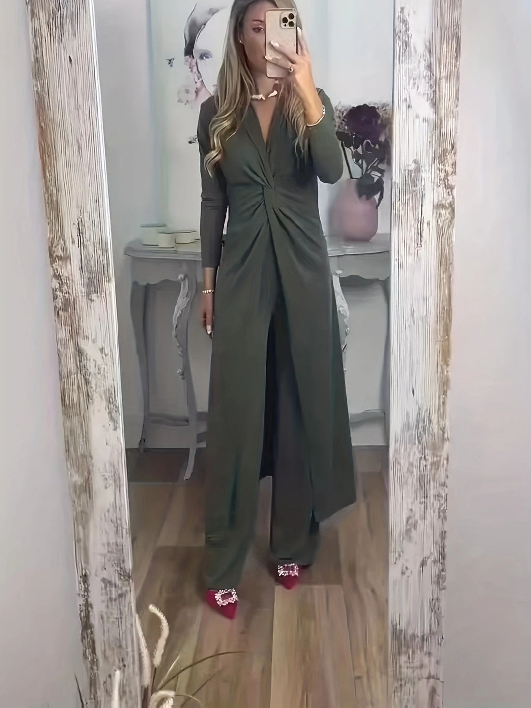 Damen Maxikleid mit V-Ausschnitt, Knotendetail und Animal-Print Drune