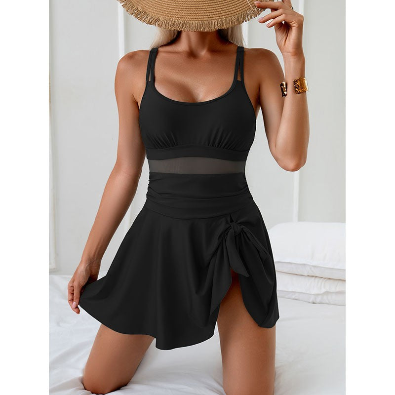 Damen eleganter einteiliger Badeanzug mit durchsichtigen Einsätzen und seitlichem Rock Drune