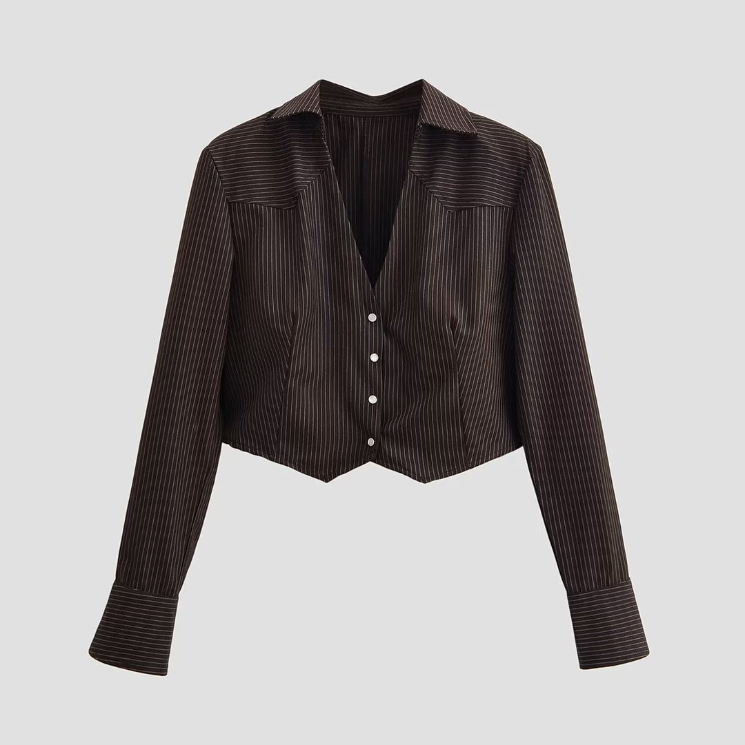 Damen Kurzbluse im Nadelstreifen-Look mit taillierter Schnittführung und spitzem Saum Drune