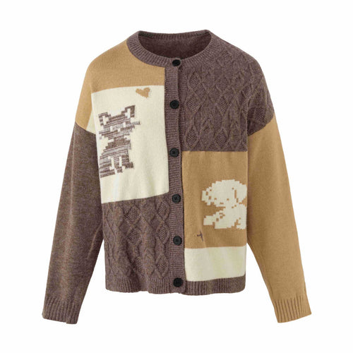 Damen Strickcardigan im Patchwork‑Look mit Zopfmuster und Rundhalsausschnitt Drune