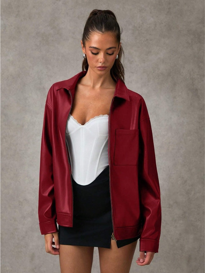 Damen Kunstlederjacke mit oversized Schnitt und praktischer Brusttasche Drune