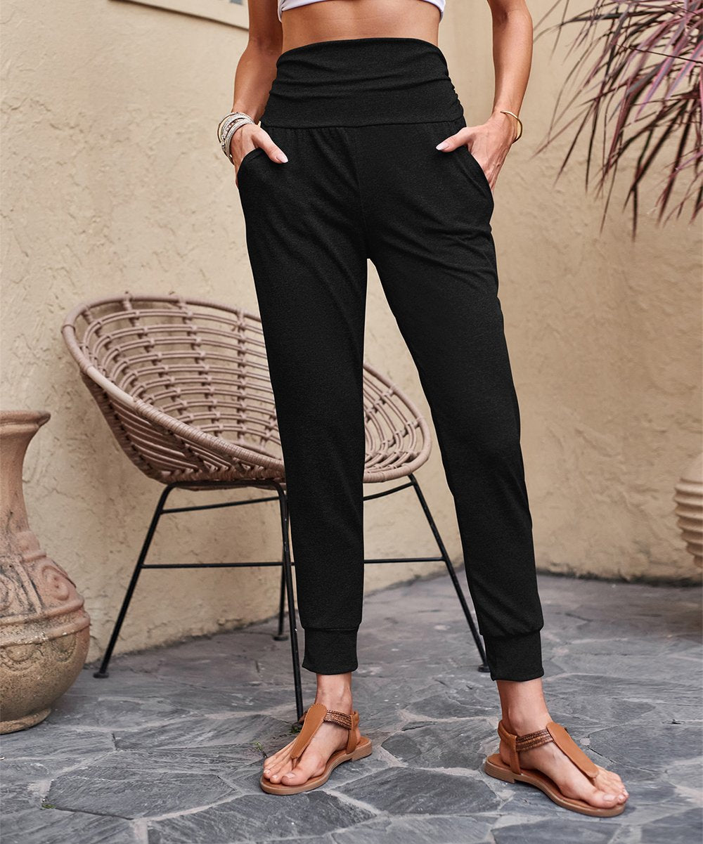 Damen Hochtaille Jogginghose mit breitem Bund, Eingrifftaschen und schlank zulaufendem Bein Drune