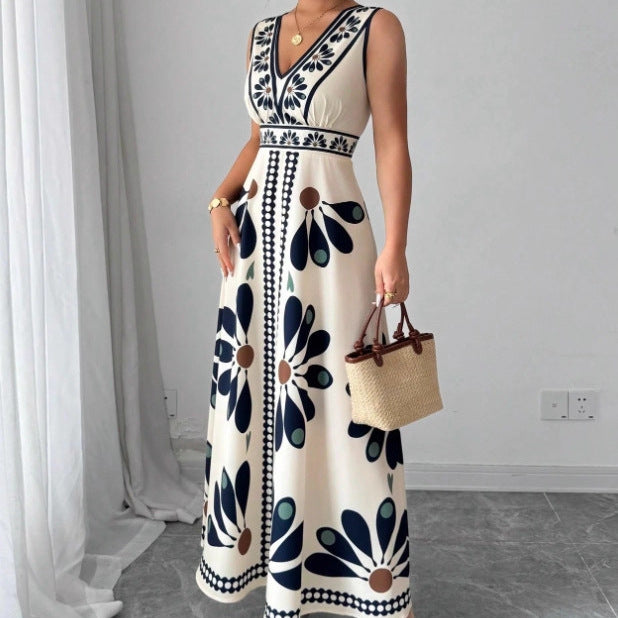 Damen Maxikleid mit voluminösem Blumenmuster und tiefem V-Ausschnitt Drune