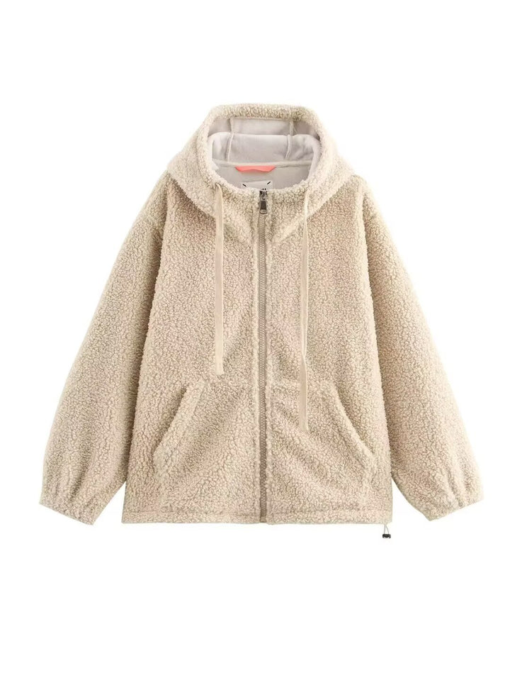 Damen Teddy-Fleece-Kapuzenjacke mit durchgehendem Reißverschluss und Kängurutaschen Drune