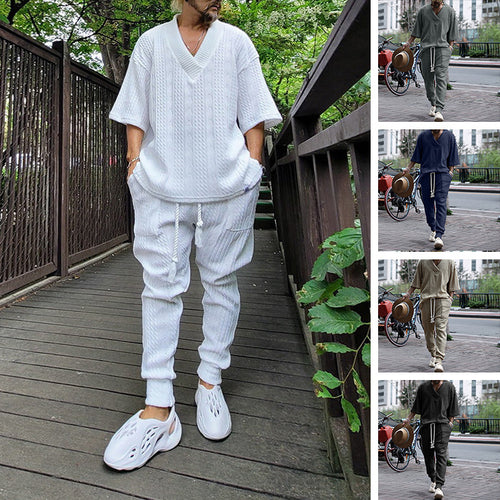 Herren Grobgestricktes Lounge-Set mit tiefem V‑Ausschnitt und Kordelzug-Jogger Drune