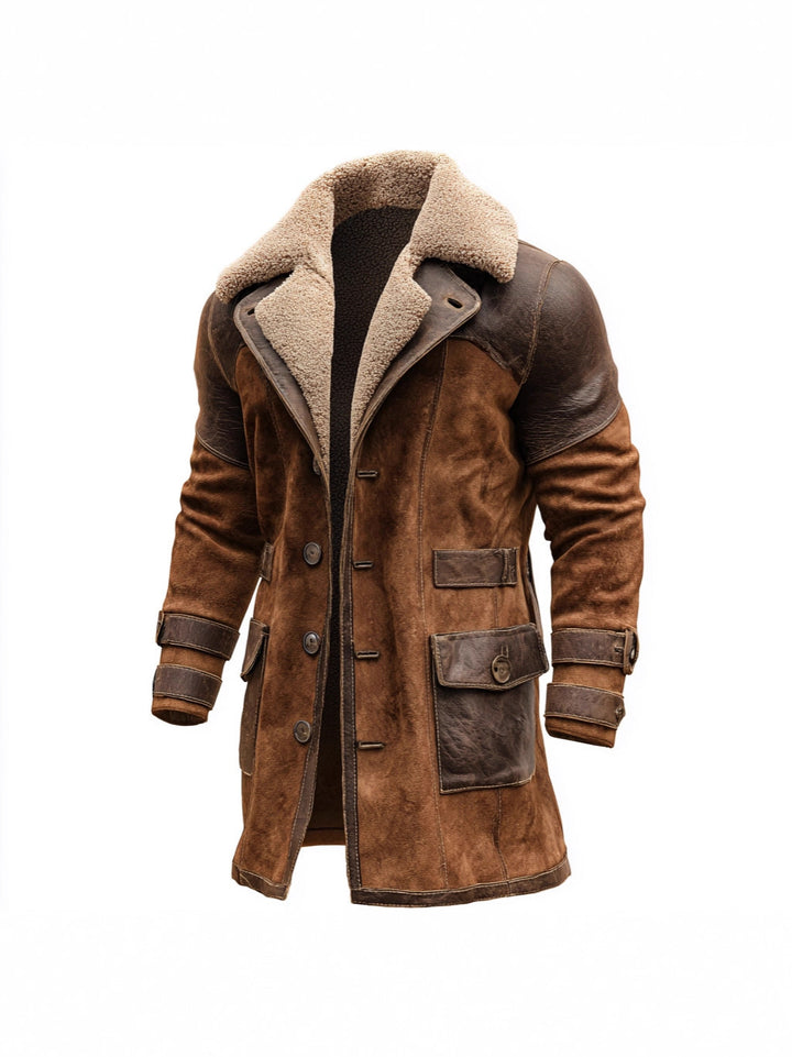 Herren Langer Shearling-Mantel aus Wildleder mit Lederbesatz Drune