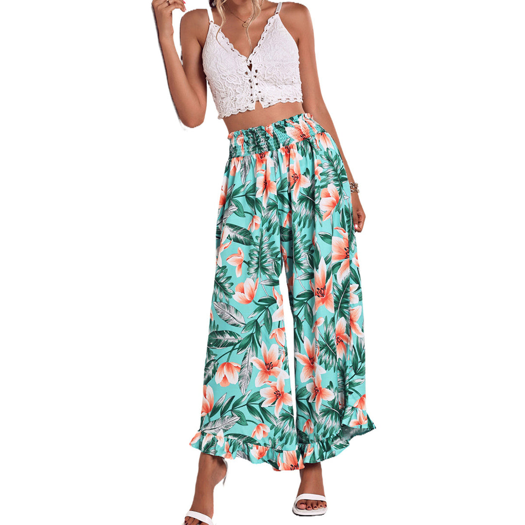 Damen weite Strandhose mit floralem Muster und elastischem Bund Drune