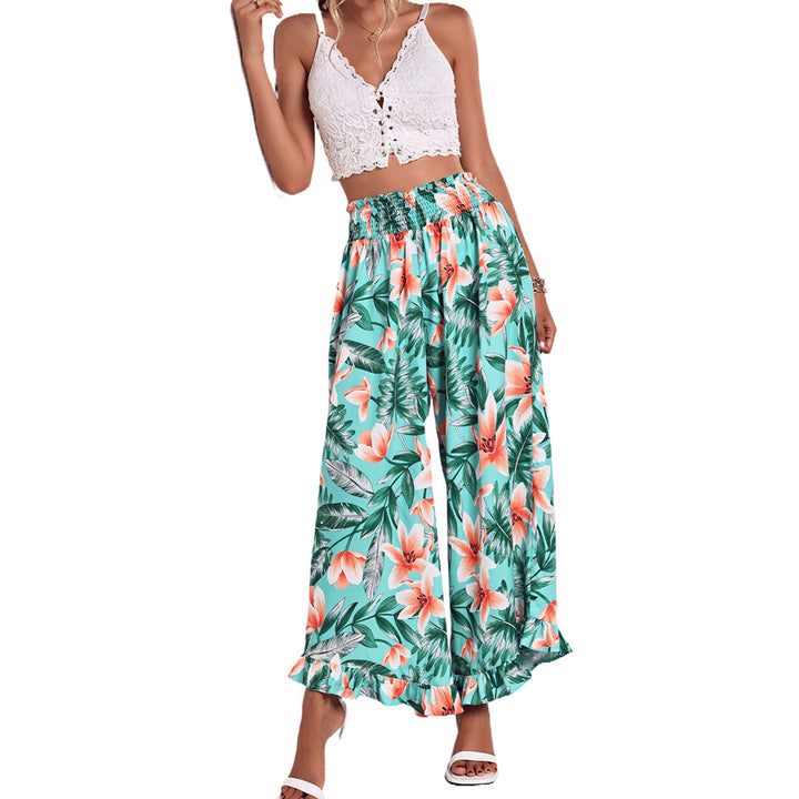 Damen weite Strandhose mit floralem Muster und elastischem Bund Drune