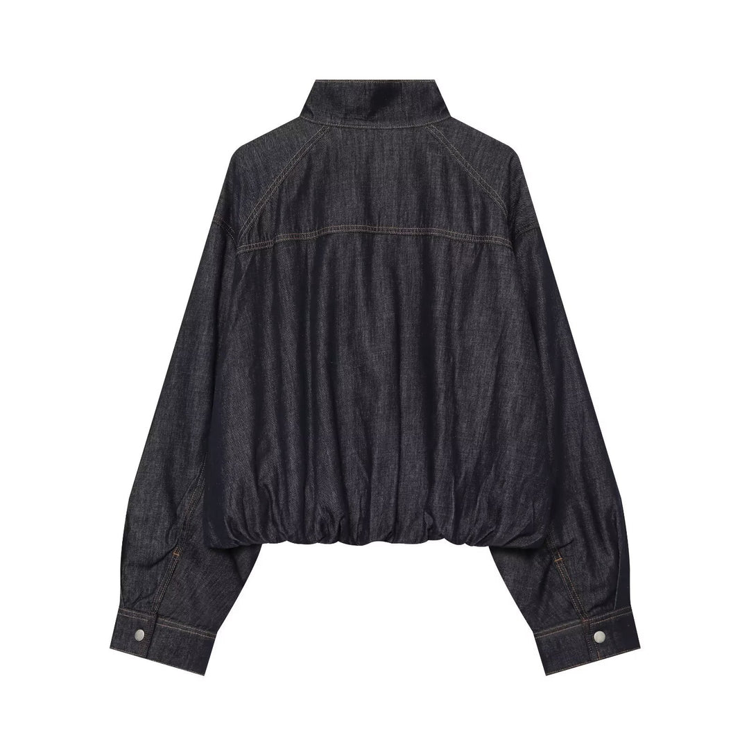 Damen Jeans-Cropped-Blouson mit Taillengürtel und hohem Stehkragen Drune