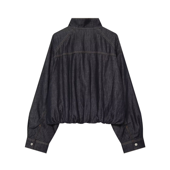 Damen Jeans-Cropped-Blouson mit Taillengürtel und hohem Stehkragen Drune