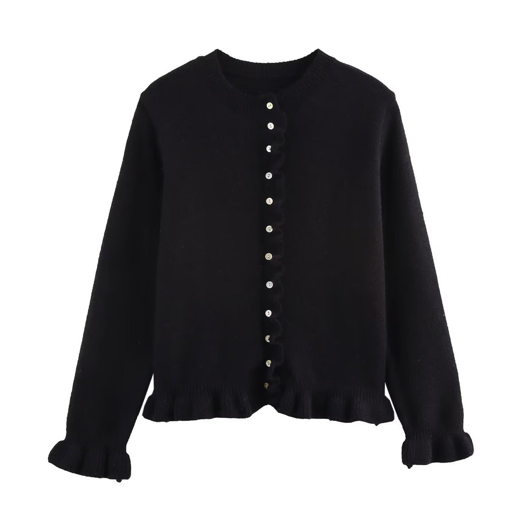 Damen Strickjacke mit dekorativem Rüschensaum und Knopfverschluss Drune