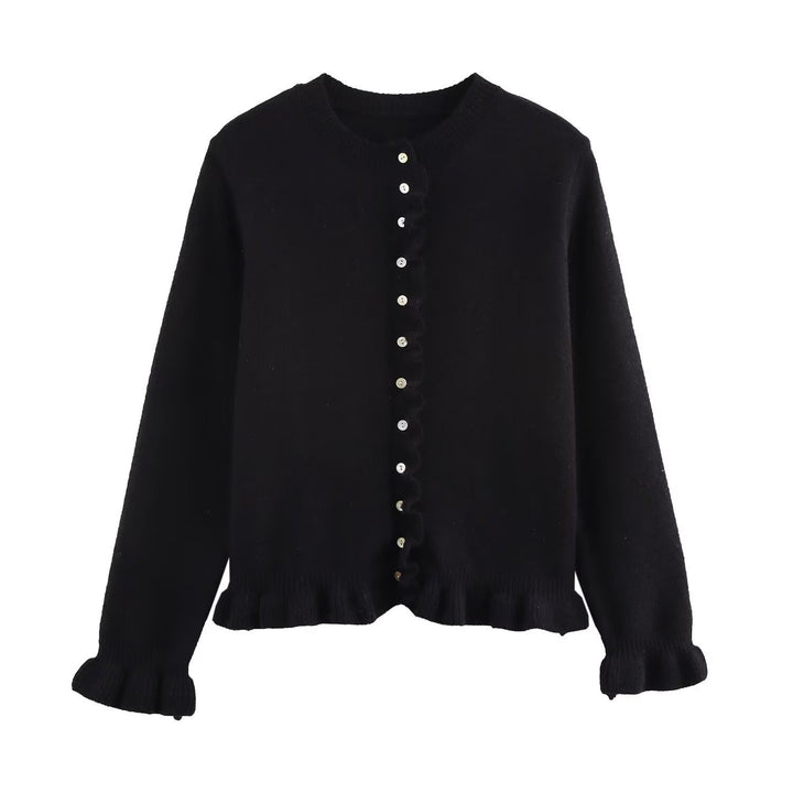 Damen Strickjacke mit dekorativem Rüschensaum und Knopfverschluss Drune