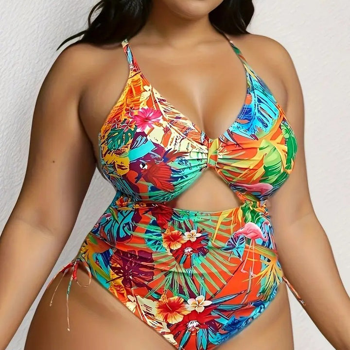 Damen Einteiliger Badeanzug mit exotischem Schnitt und buntem Tropen-Design Drune