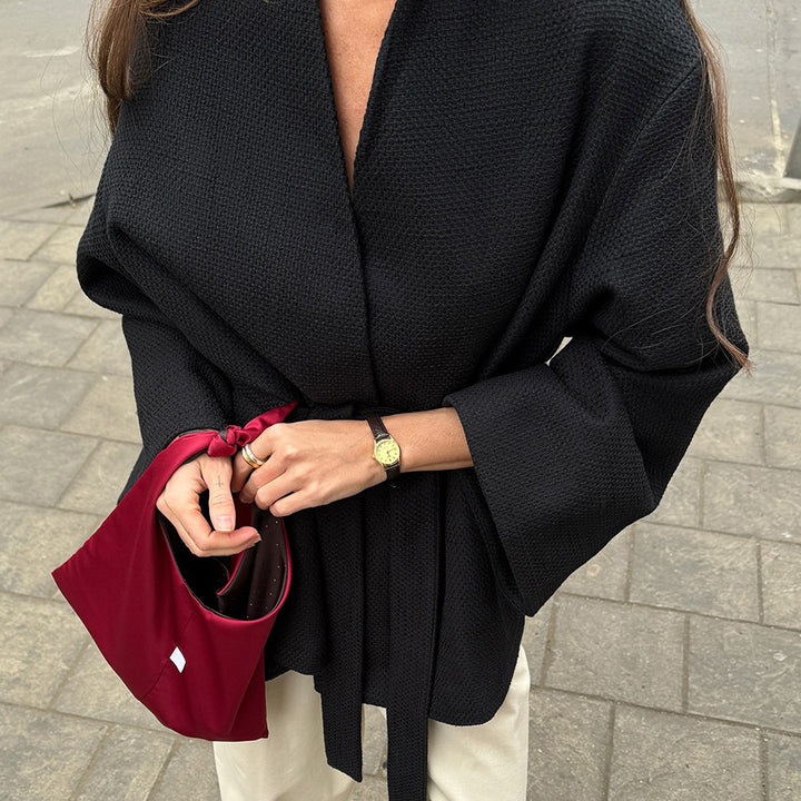 Damen lässige Waffelstoffjacke mit Taillengürtel Drune