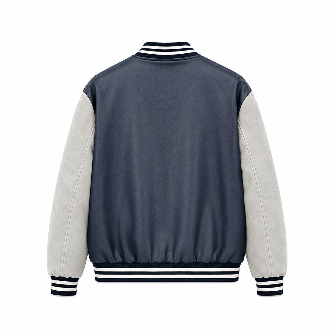 Herren Varsity-Lederoptik Collegejacke mit Kontrastärmeln, gestickten Patches und geripptem Saum Drune