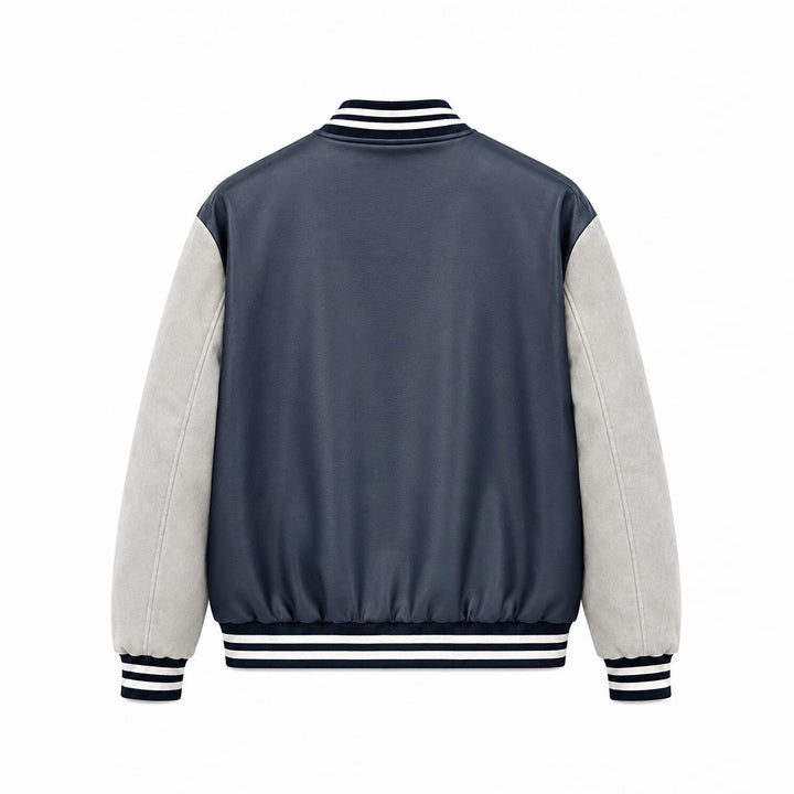 Herren Varsity-Lederoptik Collegejacke mit Kontrastärmeln, gestickten Patches und geripptem Saum Drune